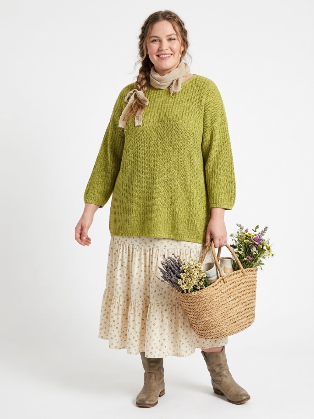 Boho Cottagecore Chartreuse Boxy Sweater Roll Neck Coastal Open Knit Goblincore
